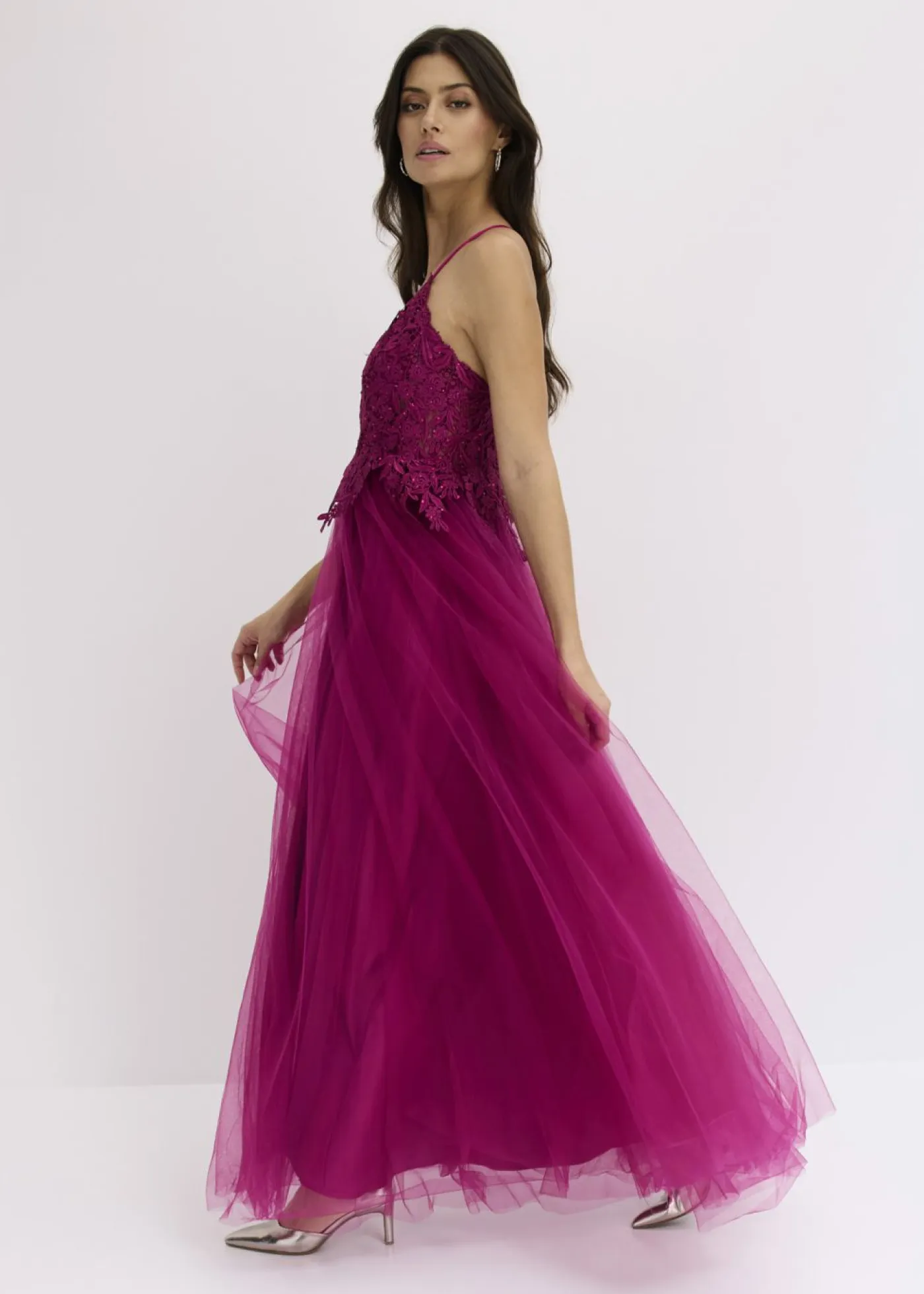 Vestido largo de tul delicado con encaje Mujer Vestidos|Ropa Elegante