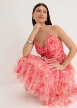 Online Vestido midi de tul fino con volantes Mujer Vestidos|Ropa Elegante
