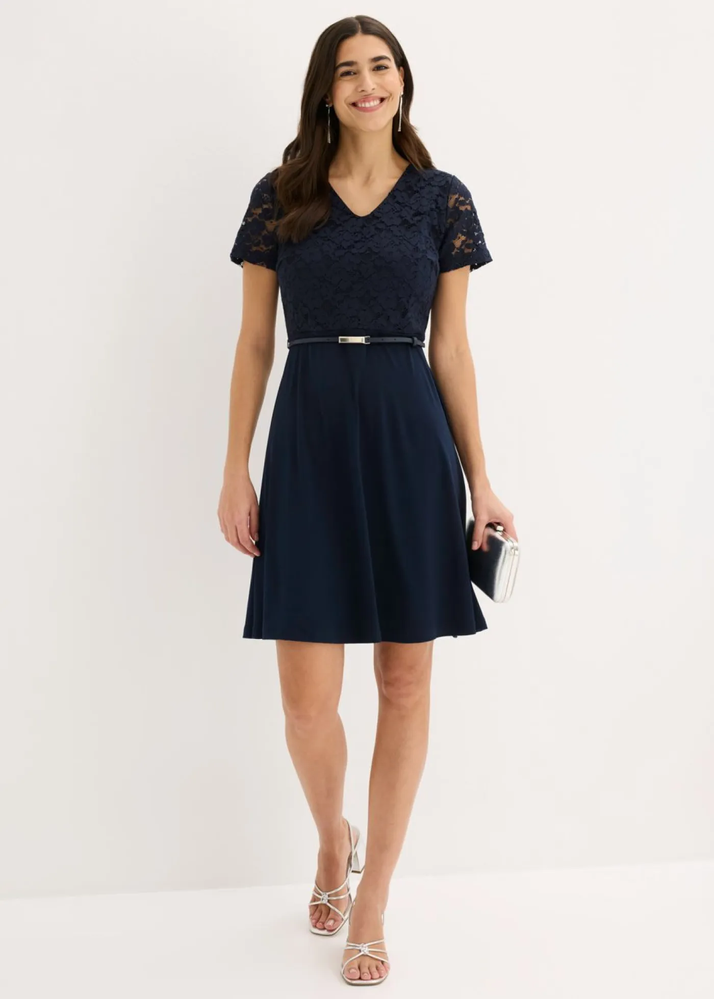 Outlet Vestido mini con encaje y cinturón Mujer Vestidos|Ropa Elegante